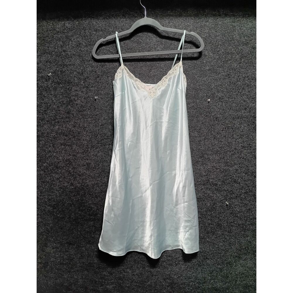 Mint Green Satin Slip Nightgown Lace Trim V-Neck Spaghetti Strap Chemise Size 6